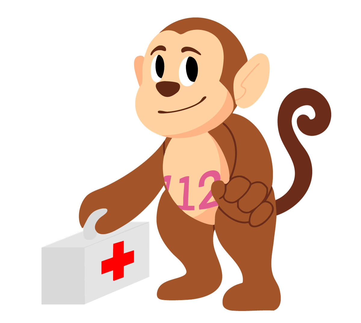 Affe Jim hält einen Erste-Hilfe Koffer